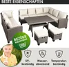 An outdoor seating set with a table and stools, accompanied by icons and text highlighting product features, and a child in the foreground. Produktbild-Vorschau