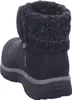 A close-up, rear-side view of a black Skechers boot with a knitted cuff. Voir les images du produit