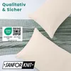 Two cream-colored pillows are shown on a textured green blanket. There are marketing labels and text overlays on the image. Produktbild-Vorschau