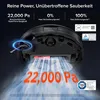 The underside of a black robot vacuum cleaner is shown, with blue light effects around the brush and white vapor effects emanating from the bottom, indicating suction power. Text overlays highlight product features and certifications. Produktbild-Vorschau