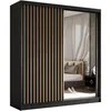 A sliding door wardrobe with a black frame and wooden slats on one door, and a mirrored door reflecting a bedroom interior. Produktbild-Vorschau