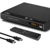 A black Strex DVD player with a remote control and HDMI cable on a white background. Voir les images du produit