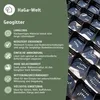 A close-up view of a black geogrid structure, with text on the left detailing its features and benefits. Produktbild-Vorschau