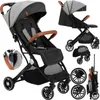 A collage of images showing a baby stroller from different angles, including a folded view and close-ups of its features. Produktbild-Vorschau