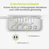 A white cable management box with a power strip and USB ports, with cables neatly organized inside. Voir les images du produit
