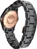 A close-up, angled view of the back of a black ceramic Emporio Armani watch with a rose gold-toned case back and bracelet clasp. Voir les images du produit