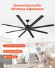 A large black ceiling fan with many blades is shown, with a hand holding a remote control in the foreground. Náhled obrázku produktu