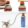 A collage of images showing a gas stove adapter being connected to a gas canister and a portable camping stove. Náhled obrázku produktu