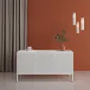 A white sideboard with a perforated front is shown in a room with a terracotta-colored wall and a gray curtain. Náhľad obrázku produktu