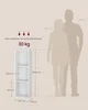 A diagram showing the dimensions of a white bookshelf next to silhouettes of two people, indicating scale and load capacity. Produktbild-Vorschau