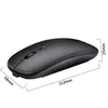 A black wireless mouse with dimensions indicated by measurement lines and text. Produktbild-Vorschau