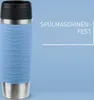 A light blue insulated mug with a textured wave pattern and a silver base, set against a light blue background. Text indicating it is dishwasher safe is present. Náhled obrázku produktu