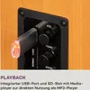 Close-up of the back panel of a speaker showing a USB port with a USB drive inserted, an SD card slot, and control knobs for volume, tone, and bass. Produktbild-Vorschau
