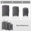 A size chart showing three different sizes of suitcases with their dimensions and a reference image of three suitcases. Produktbild-Vorschau