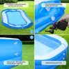 A collage of four images showing the steps to set up and fill an inflatable pool. Produktbild-Vorschau