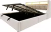 A beige upholstered bed frame with the mattress support mechanism lifted to reveal the storage compartment underneath. The headboard has integrated LED lighting. Náhled obrázku produktu