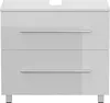A front view of a white, high-gloss bathroom vanity with two drawers and silver handles, standing on small silver legs. Produktbild-Vorschau