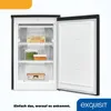 An open freezer with shelves and food items inside, set against a white background with a marketing overlay. Produktbild-Vorschau