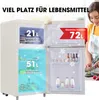 A woman is shown preparing food next to an open refrigerator that displays its capacity in liters. Produktbild-Vorschau