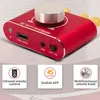 A red audio amplifier with a silver volume knob, showing its ports and features with accompanying icons and text. Produktbild-Vorschau