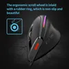 A close-up marketing image of a black ergonomic mouse with RGB lighting, set against a dark, textured background. Produktbild-Vorschau