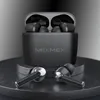 A pair of black wireless earbuds and their charging case are displayed on a circular platform. Produktbild-Vorschau