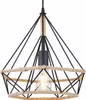 A close-up studio shot of a diamond-shaped pendant light fixture with a black metal frame and rope accents, featuring a visible Edison-style light bulb. Produktbild-Vorschau