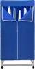 A blue foldable electric heated clothes rack with clothes hanging inside, shown from the front with the doors partially open. Náhled obrázku produktu