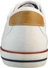 The back view of a white canvas sneaker with a brown leather accent on the heel and a striped rubber sole. Produktbild-Vorschau