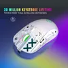 A white gaming mouse with black and green graphic designs is shown on a gradient background. Produktbild-Vorschau