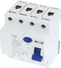 A white 4-pole residual current device (RCD) with a blue test button and a blue toggle switch. Produktbild-Vorschau