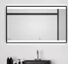 A modern bathroom vanity with a black sink and faucet, and a large illuminated mirror above it. Produktbild-Vorschau
