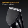 Close-up of a black hair clipper with a silver blade, against a dark background. Text overlays highlight product features. Podgląd zdjęcia produktu