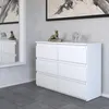A white dresser with six drawers is shown in a room with a mirror and artwork on the wall. Produktbild-Vorschau