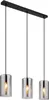 A black linear pendant light fixture with three cylindrical glass shades. Produktbild-Vorschau