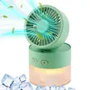 A green portable mini fan with a humidifier base and ice cubes in the foreground against a white background. Produktbild-Vorschau