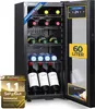 A black wine cooler with its door open, showing multiple shelves filled with bottles and cans. There are various labels and stickers on the cooler and the door. Náhľad obrázku produktu
