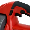 A close-up view of the handle and a button on a red power tool. Produktbild-Vorschau