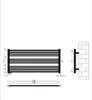 Technical drawing of a black radiator with dimensions and mounting details. Produktbild-Vorschau