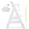 A side view of a white wooden high chair with text and a measurement indicator. Produktbild-Vorschau