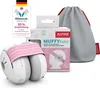 A product shot of Alpine Muffy Baby hearing protection, including the product itself, its packaging, a storage bag, and a review badge. Anteprima dell’immagine prodotto
