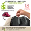 A hand is shown zipping up a beige cover on a massage device, with extra covers visible. Produktbild-Vorschau
