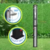 An outdoor shower unit is shown in a garden setting with a green hedge background. Two circular insets highlight features of the shower. Produktbild-Vorschau