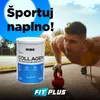 A man is doing push-ups with a kettlebell while a container of Weider Collagen is in the foreground. The background shows a sports field. Produktbild-Vorschau