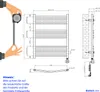 Diagram showing dimensions and installation details of a heated towel rail, with hands holding a measuring tape for scale. Náhľad obrázku produktu