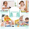 A collage of four images showing children using a green table and chair set for different activities: learning, eating, drawing, and playing with toys. A central image shows the table and chairs. Produktbild-Vorschau
