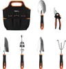 A collection of gardening tools and a tool bag arranged on a white background. Produktbild-Vorschau