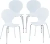 Four white chairs with chrome legs are arranged in a group against a white background. Podgląd zdjęcia produktu