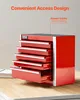 A red metal toolbox with multiple drawers is shown on a wooden surface, with text overlays highlighting its features. Podgląd zdjęcia produktu