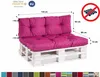 A pink pallet sofa cushion set on a white wooden pallet, with dimensions indicated by arrows and text. Voir les images du produit